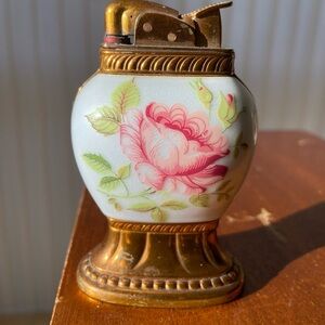 Vintage Evans Pink Rose Floral Body with Brass Table Lighter Reg 19023 Made USA